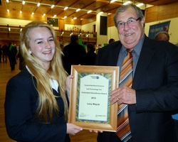 Pompallier Catholic College student Lucy Wojcik, winner of the 2012 Northland Regional Council's 'Consistent Excellence Award' at the Refining NZ Central Northland Science and Technology Fair.  She is pictured with council Chairman Craig Brown.